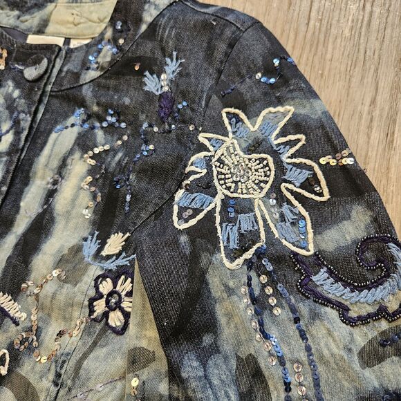 Vtg Chicos Denim Jacket Womens 1/M Embroidered Floral Tie Dye Hippie Artsy Boho - Picture 3 of 8